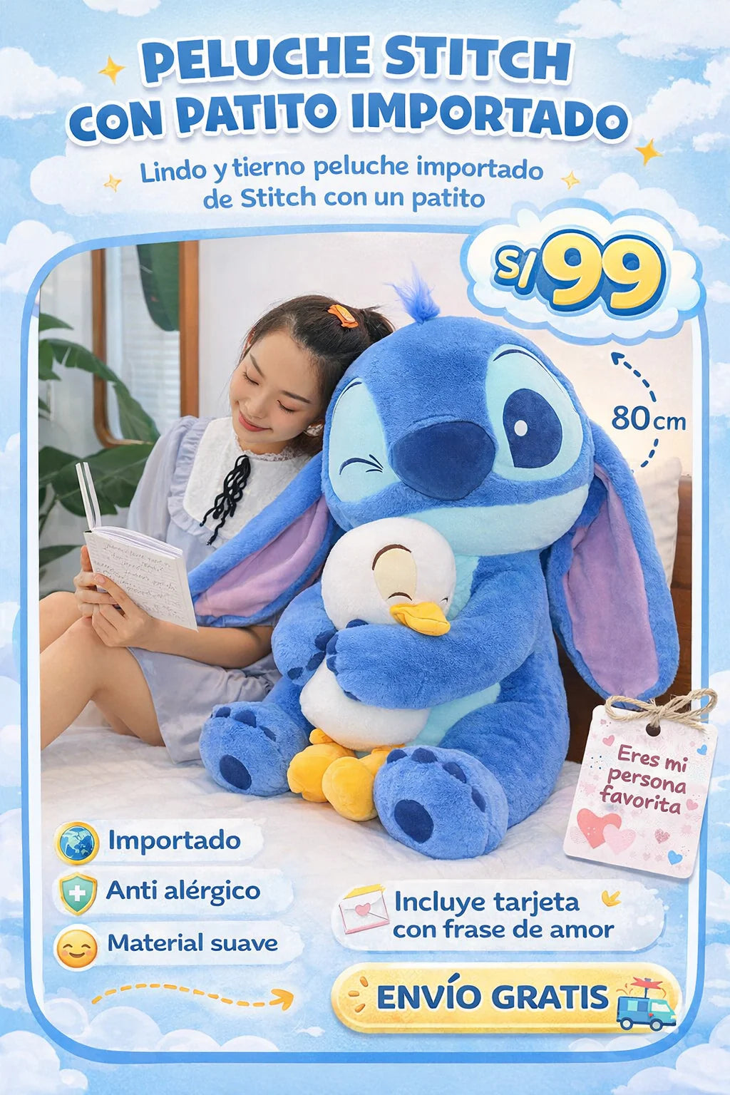 PELUCHE STICH CON SU PATO IMPORTADO + TARJETA PERSONALIZADA